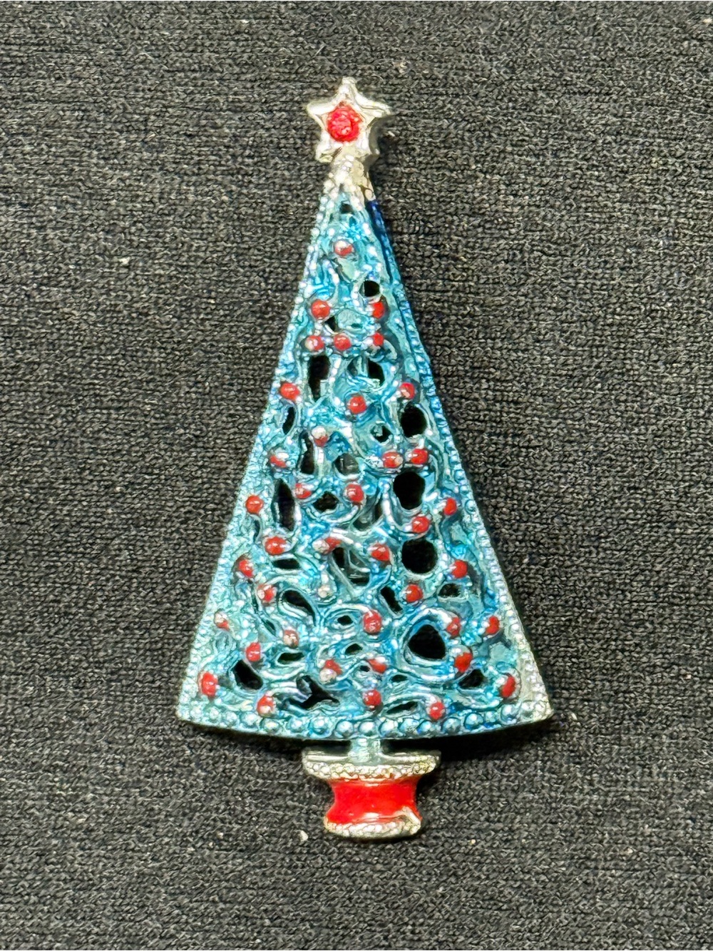 Christmas Tree Pin. BLUE(!) and red on silver tone.